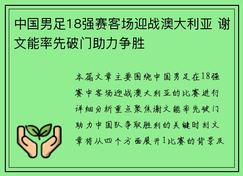 中国男足18强赛客场迎战澳大利亚 谢文能率先破门助力争胜 中国男足18强赛客场迎战澳大利亚 谢文能率先破门助力争胜